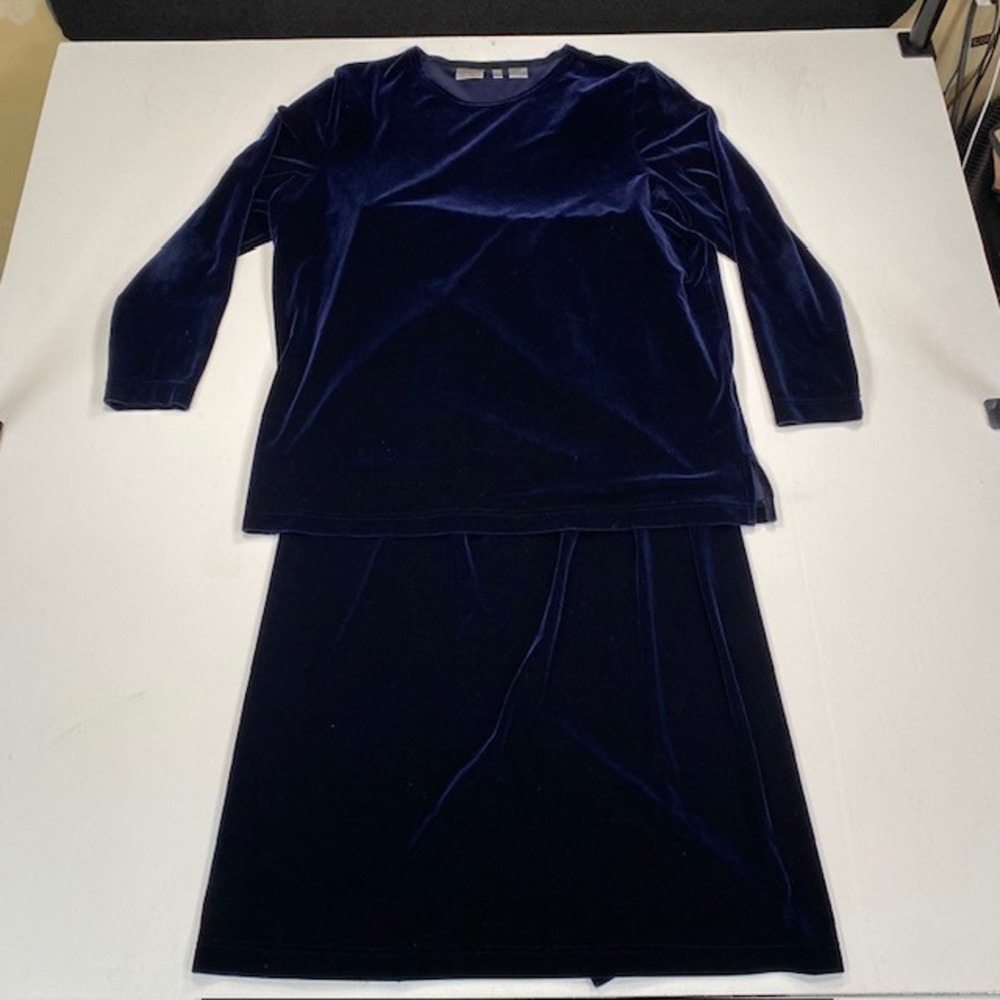 Jacqueline Ferrar Navy Blue Velvet Skirt Set 2pc Top Midi Skirt Size 14 Vintage
